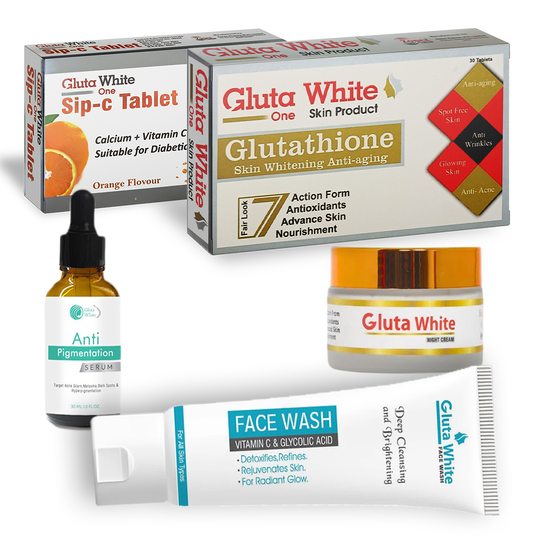 Gluta White glutathione tablets + sip C Tablets+ Cream + serum + facewash