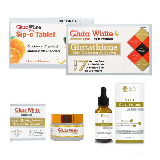 Gluta White Glutathione Tablets + Vitamin C tablets + Serum + Cream