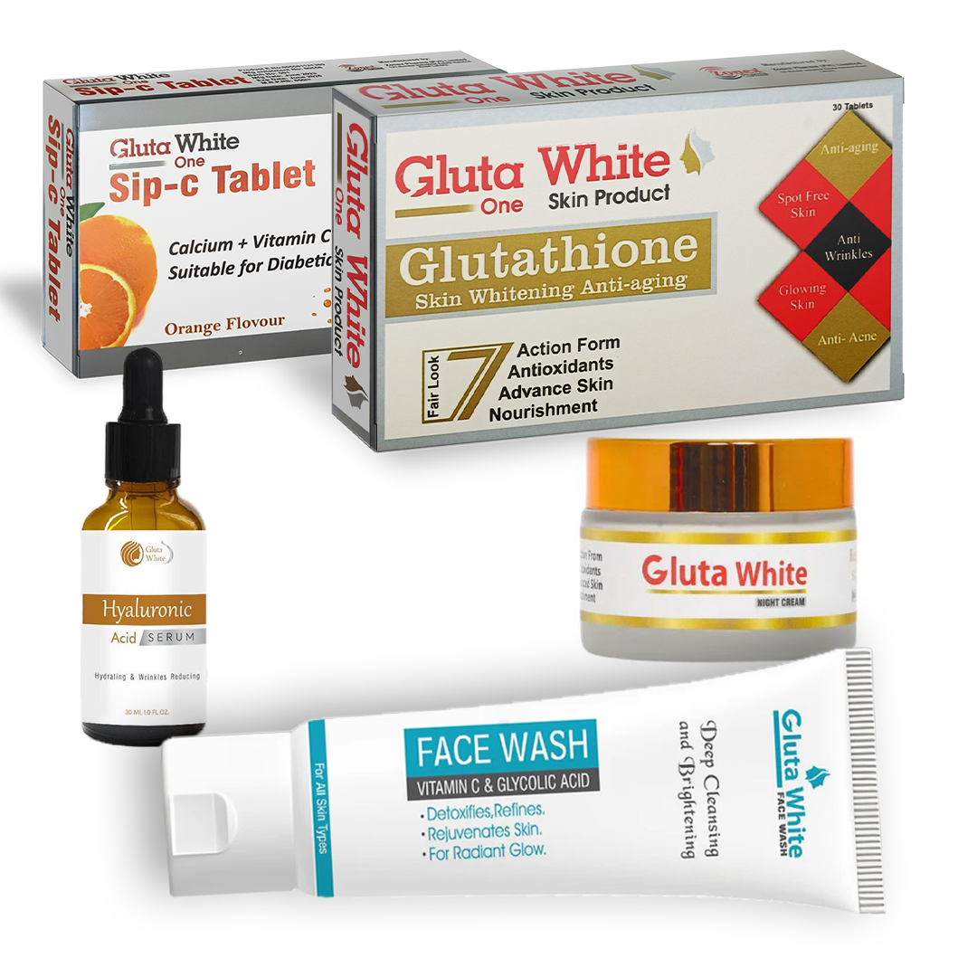 Gluta White glutathione tablets + sip C Tablets+ Cream + serum + facewash