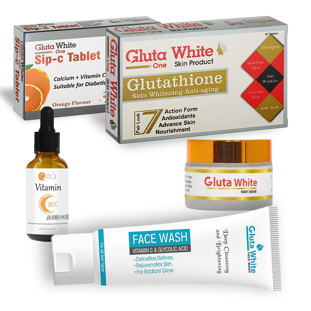 Gluta White glutathione tablets + sip C Tablets+ Cream + serum + facewash