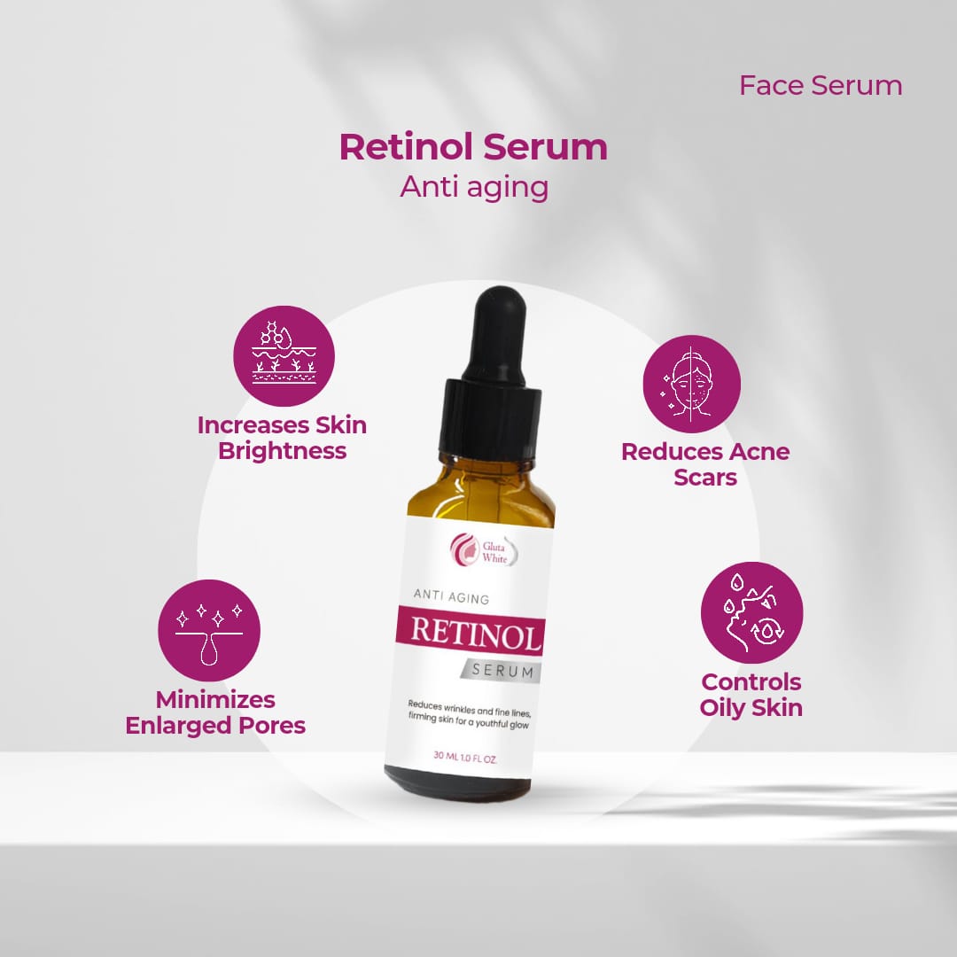 retinol serum for skin whitening and acne treatment at home. Oily skin treatment for male and females in Pakistan with gluta white.